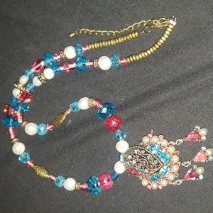 Vintage brass gem stone pendent pearl crystal glass necklace